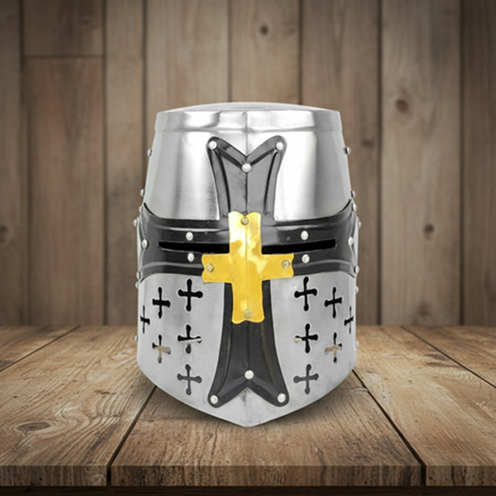 Crusader Templar Helmet Silver Steel Black Cross with Wooden Stand