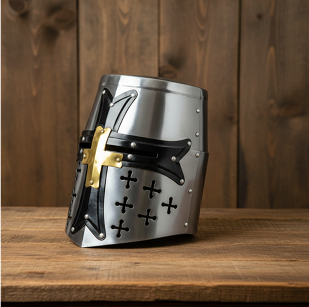 Crusader Templar Helmet Silver Steel Black Cross with Wooden Stand