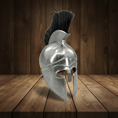 Greek Silver Helmet with Black Plume – Warrior Armor  wooden stand