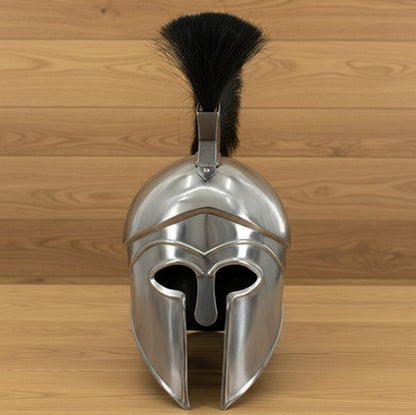 Greek Silver Helmet with Black Plume – Warrior Armor  wooden stand