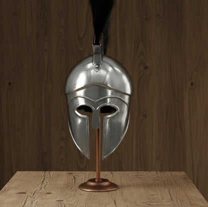Greek Silver Helmet with Black Plume – Warrior Armor  wooden stand