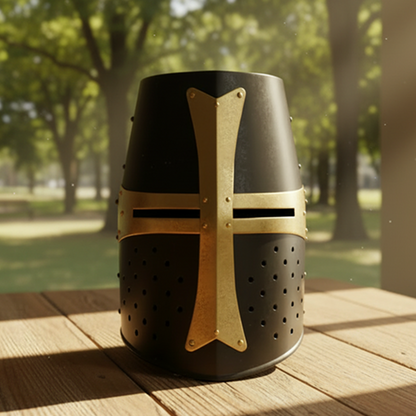 Medieval Templar Crusader Helmet |  wooden stand