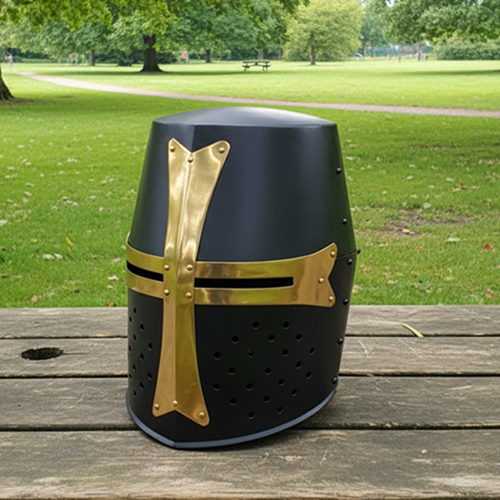 Medieval Templar Crusader Helmet |  wooden stand