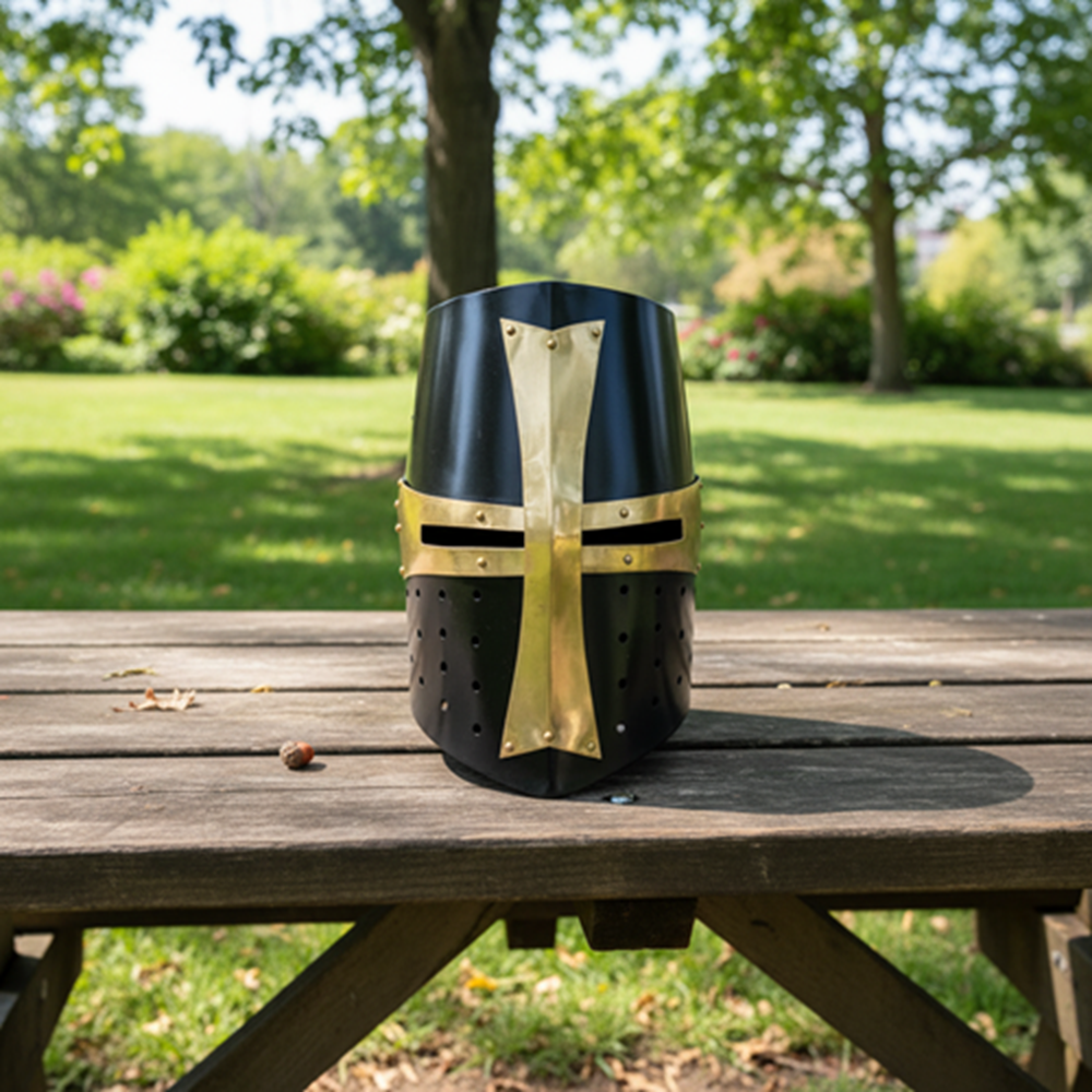 Medieval Templar Crusader Helmet |  wooden stand