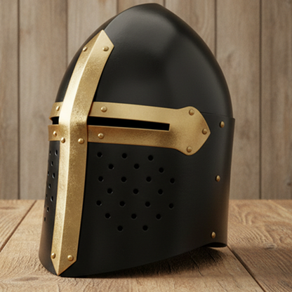 Medieval Black Sugarloaf Helmet – Knight Crusader Armor Helm with Wooden Stand