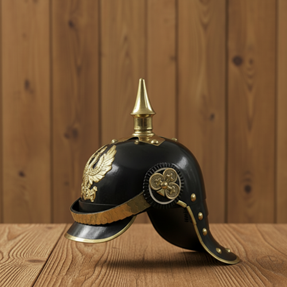 German Pickelhaube black Officer Helmet  Wooded Stand ,
