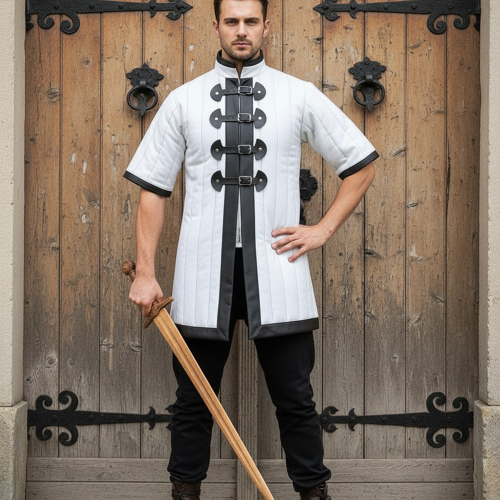 Medieval Blue Gambeson with Black Leather Trim – Short Sleeve Padded Armor