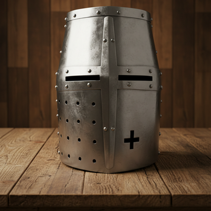 Knight Templar Helmet Silver with  Wooden Stand