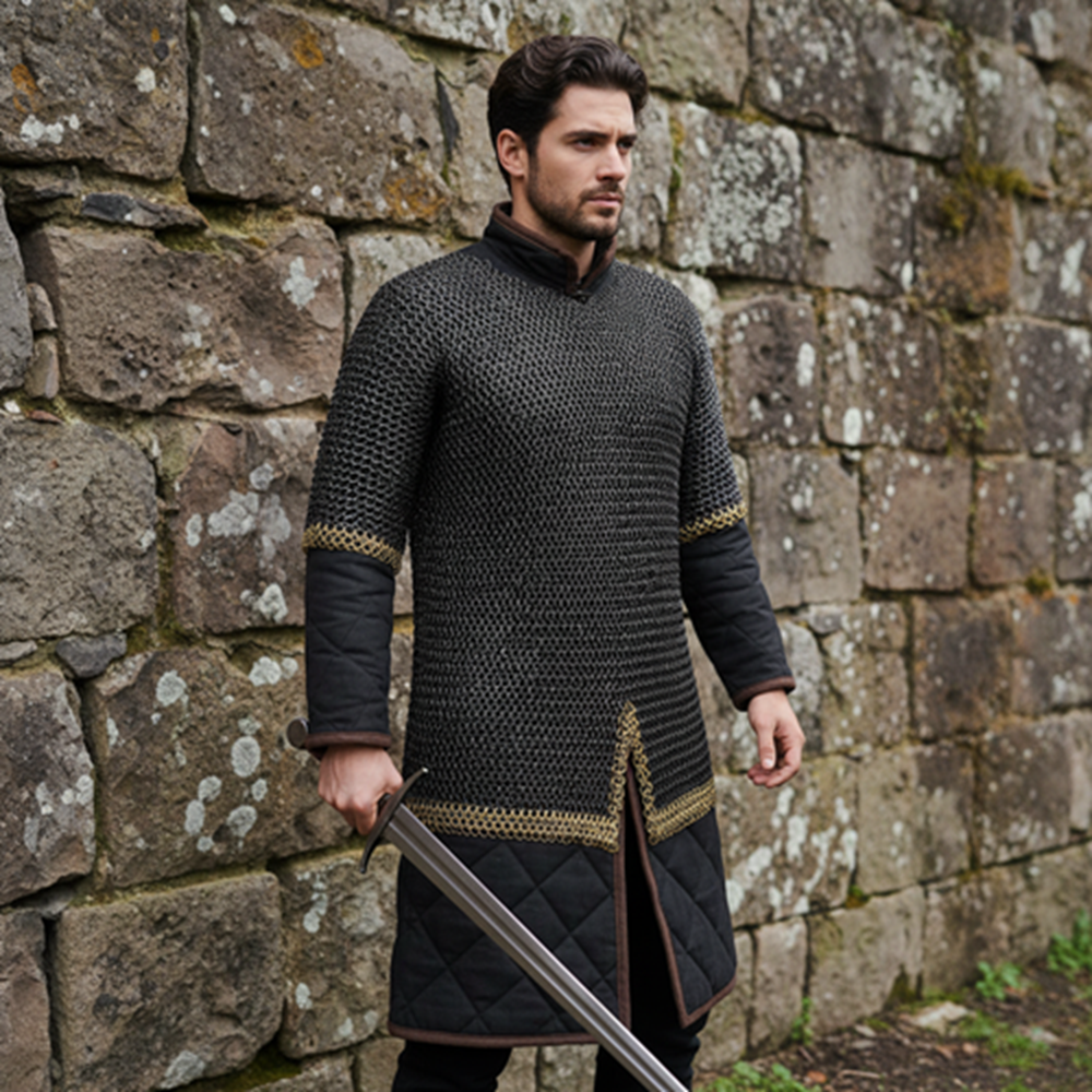 9MM Riveted Chainmail Haubergeon – Flat Ring Viking Armor Shirt with Brass Trim