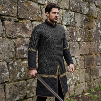 9MM Riveted Chainmail Haubergeon – Flat Ring Viking Armor Shirt with Brass Trim