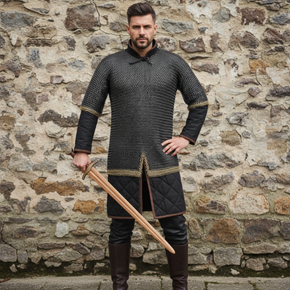 9MM Riveted Chainmail Haubergeon – Flat Ring Viking Armor Shirt with Brass Trim
