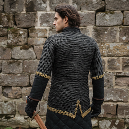 9MM Riveted Chainmail Haubergeon – Flat Ring Viking Armor Shirt with Brass Trim