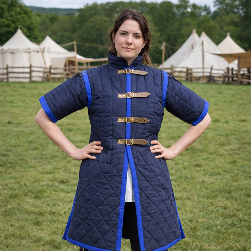 Medieval Padded Gambeson, Cotton Fabric Black Leather Trim , Labour Day Gifts