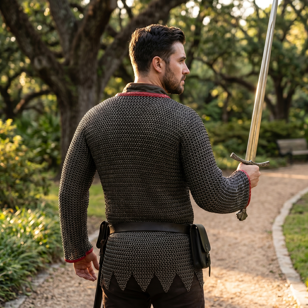 Medieval Black Chainmail Shirt – 10mm Flat Rings, Handmade Aluminum Armor, Zig Zag Border