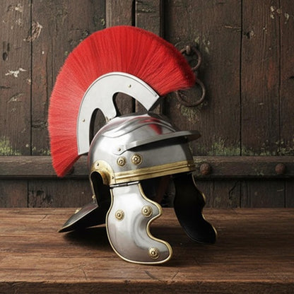 Roman Centurion Helmet with Red Plume & Wooden Stand – Medieval Roman Armor Helmet