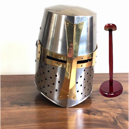 Templar Crusader Knight Helmet – Medieval Steel Armor with Display Stand