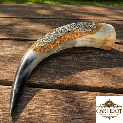 Viking Mead Horn – Wolf Viking Mead Horn – Wolf Engraved Celtic Knotwork Drinking HornEngraved Celtic Knotwork Drinking Horn