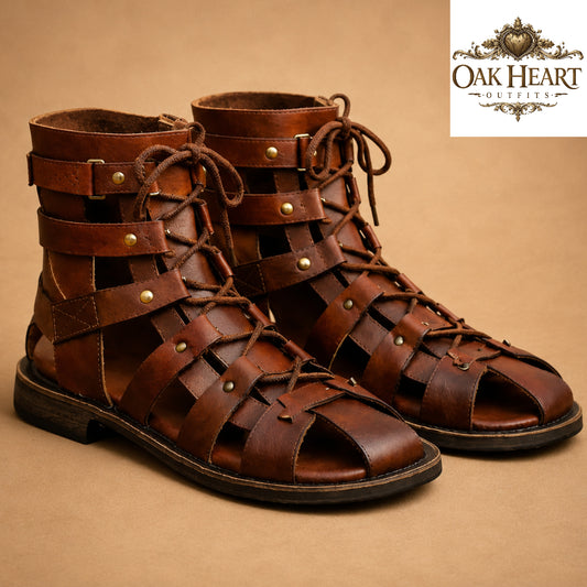 Handcrafted Roman Gladiator Sandals for Men | Brown Leather Lace-Up Caligae Boots
