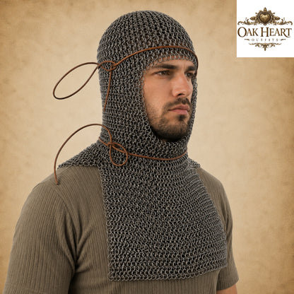6MM Medieval Chainmail Coif – Riveted Flat Rings with Washers Armor Hood