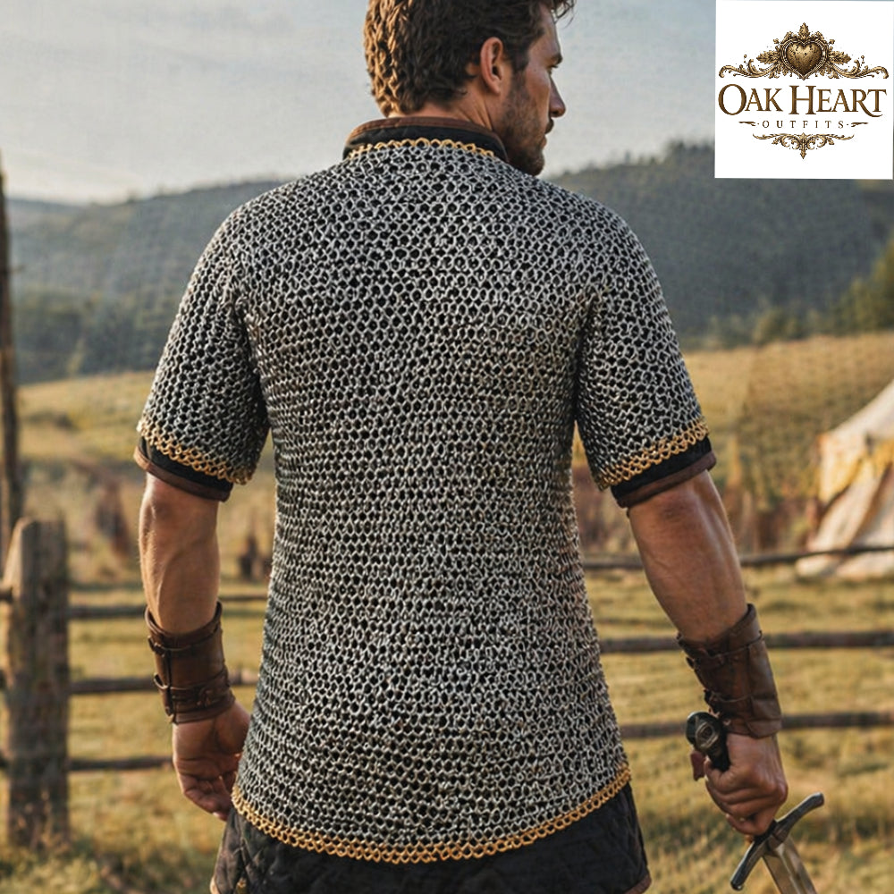 Medieval 9mm Round Riveted Chainmail Hauberk, Riveted Mild Steel Armor, Brass Trim, Half Sleeve Warrior Shirt