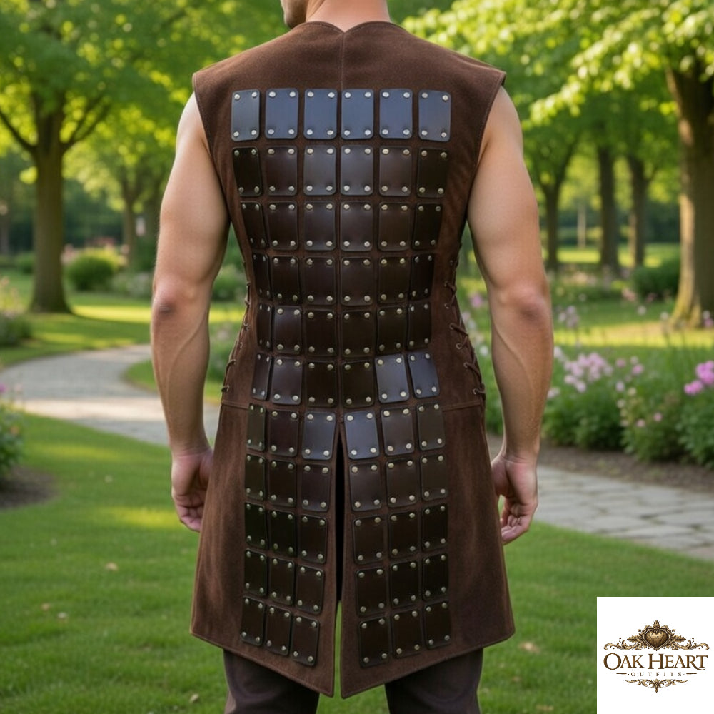 Men’s Brown Leather Gladiator Armor Outfit – Roman Warrior Costume with Buckle Design”