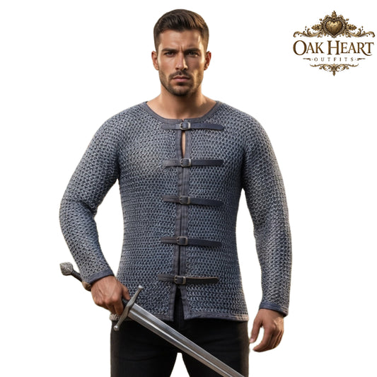 Aluminum Chainmail Hauberk – 16 Gauge 10mm Flat Riveted Armor with Leather Trim
