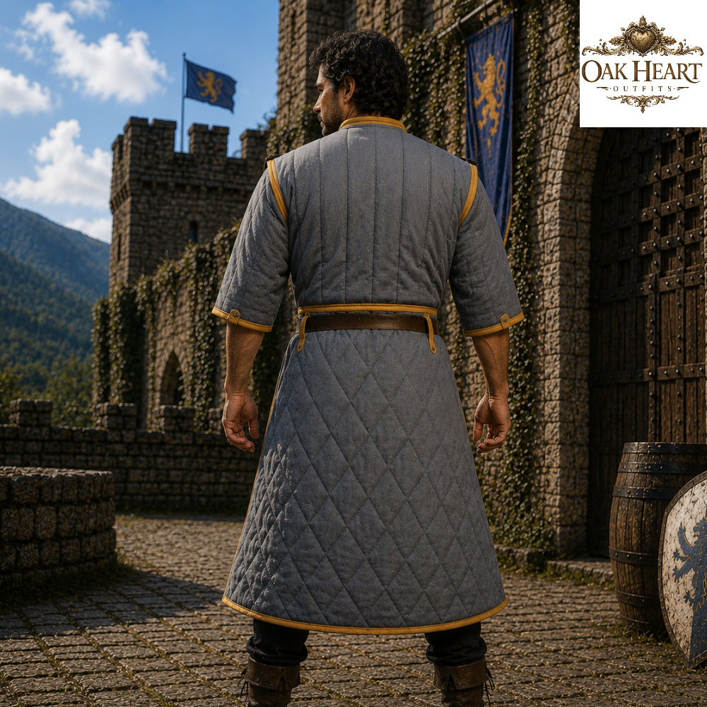 Medieval Cotton Padded Gambeson Jacket Brown Leather Trim | Quilted Armor Coat for LARP, SCA, Ren Faire, Cosplay