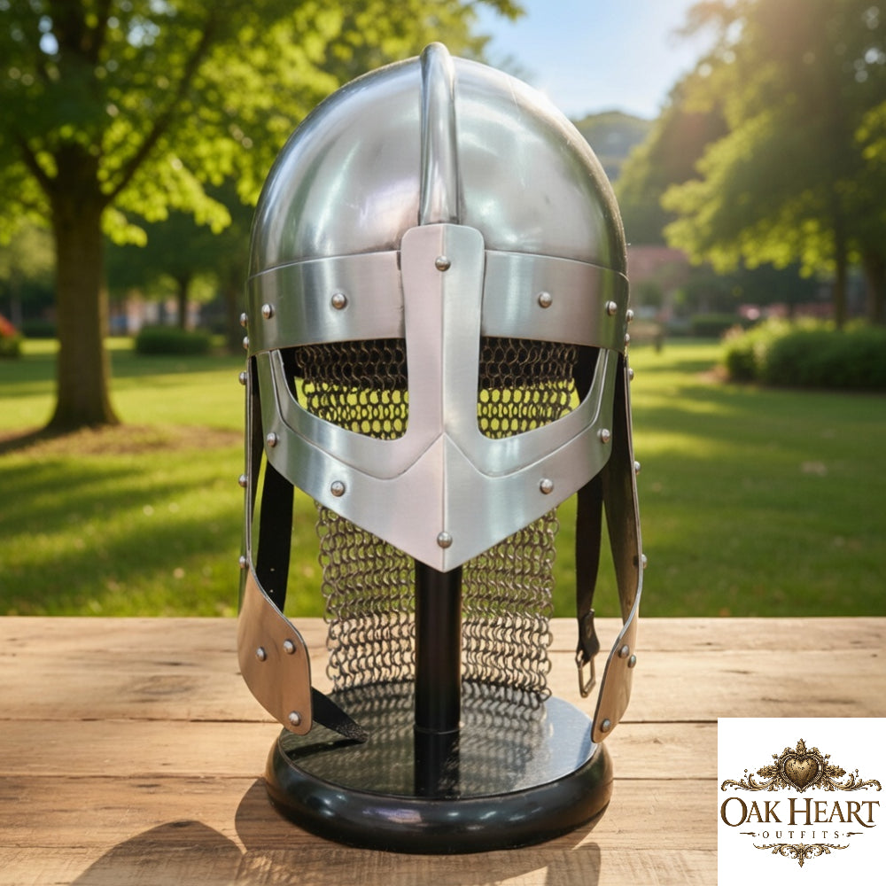 Viking Raven Helmet – Medieval Norman Knight Chainmail Armor with Wooden Display Stand