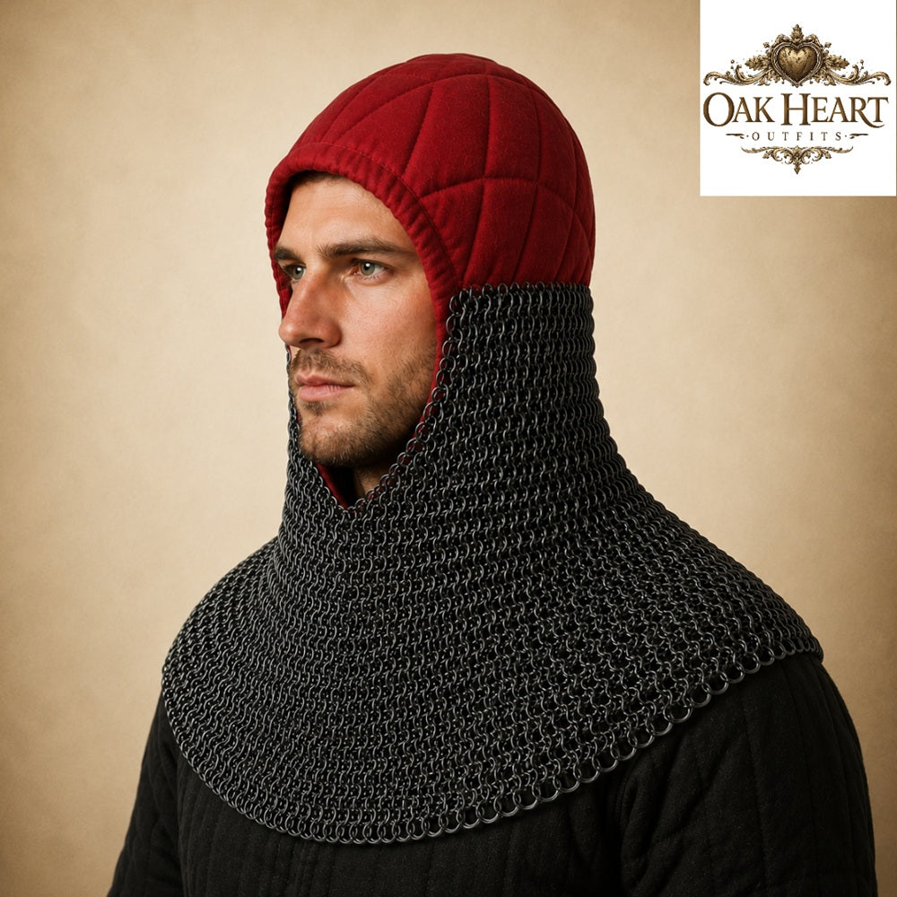 HMB Buhurt Chainmail Coif - Riveted Mild Steel Armor Hood with Padded Arming Cap