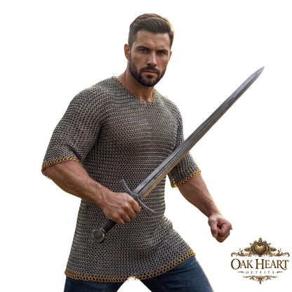 Medieval 9mm Flat Ring Chainmail Shirt – Riveted Mild Steel with Brass Trim