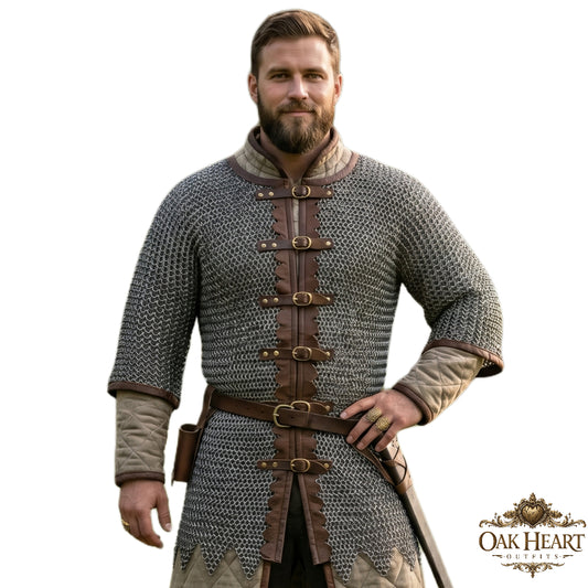 Medieval Chainmail Shirt 9mm Flat Riveted – Leather Trim Zig-Zag Design Armor