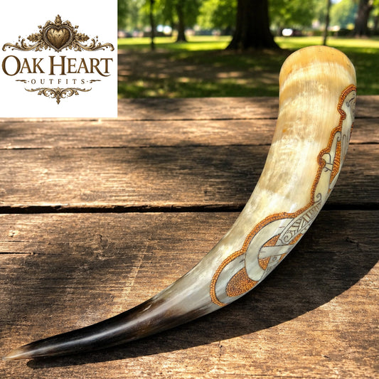 Viking Drinking Horn – Norse Dragon Engraved Handmade Mead Cup