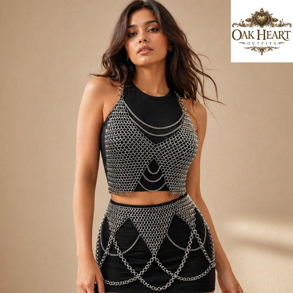 Anodized Aluminum Chainmail Top & Skirt Set | Women’s Medieval Armor Costume for LARP, Ren Faire & Festival Wear