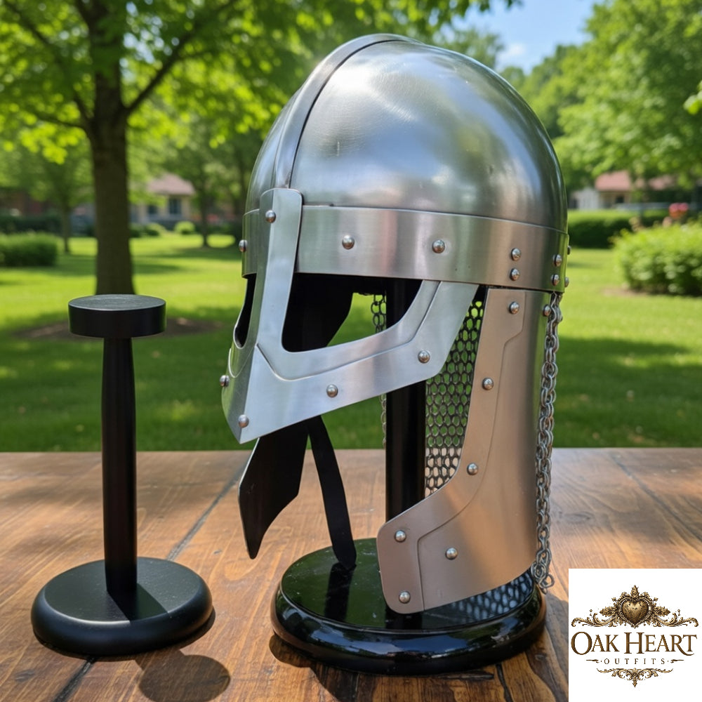 Viking Raven Helmet – Medieval Norman Knight Chainmail Armor with Wooden Display Stand