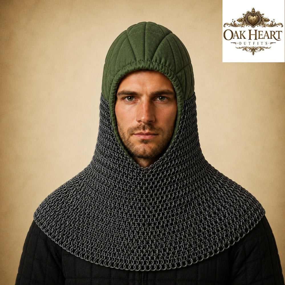 HMB Buhurt Chainmail Coif - Riveted Mild Steel Armor Hood with Padded Arming Cap