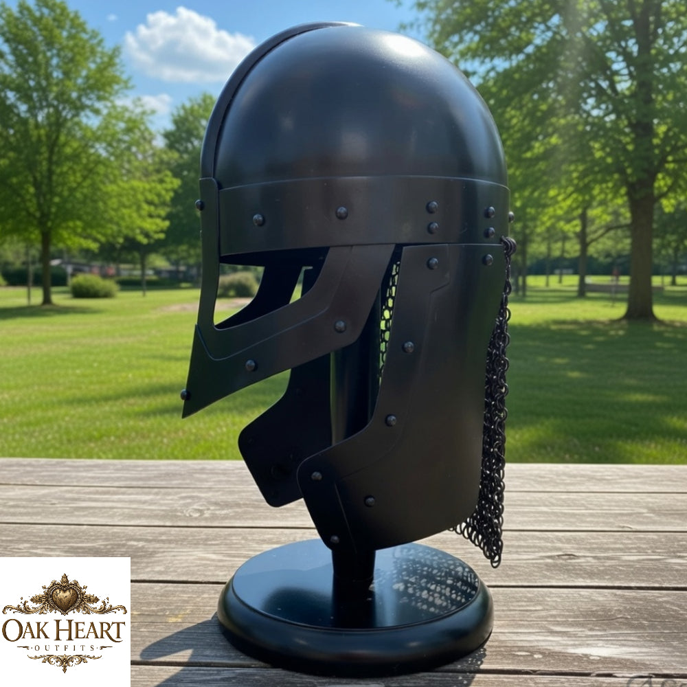 Viking Raven Helmet – Medieval Norman Knight Chainmail Armor with Wooden Display Stand