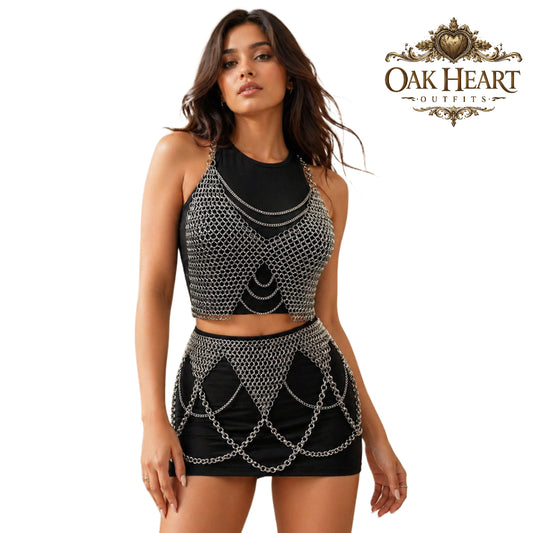 Anodized Aluminum Chainmail Top & Skirt Set | Women’s Medieval Armor Costume for LARP, Ren Faire & Festival Wear