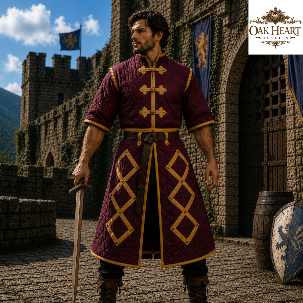 Medieval Cotton Padded Gambeson Jacket Brown Leather Trim | Quilted Armor Coat for LARP, SCA, Ren Faire, Cosplay