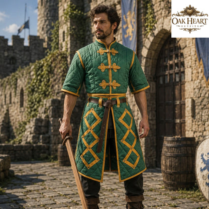 Medieval Cotton Padded Gambeson Jacket Brown Leather Trim | Quilted Armor Coat for LARP, SCA, Ren Faire, Cosplay