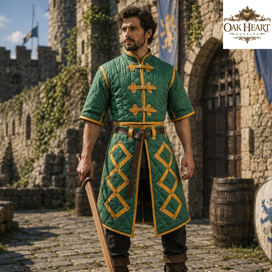 Medieval Cotton Padded Gambeson Jacket Brown Leather Trim | Quilted Armor Coat for LARP, SCA, Ren Faire, Cosplay
