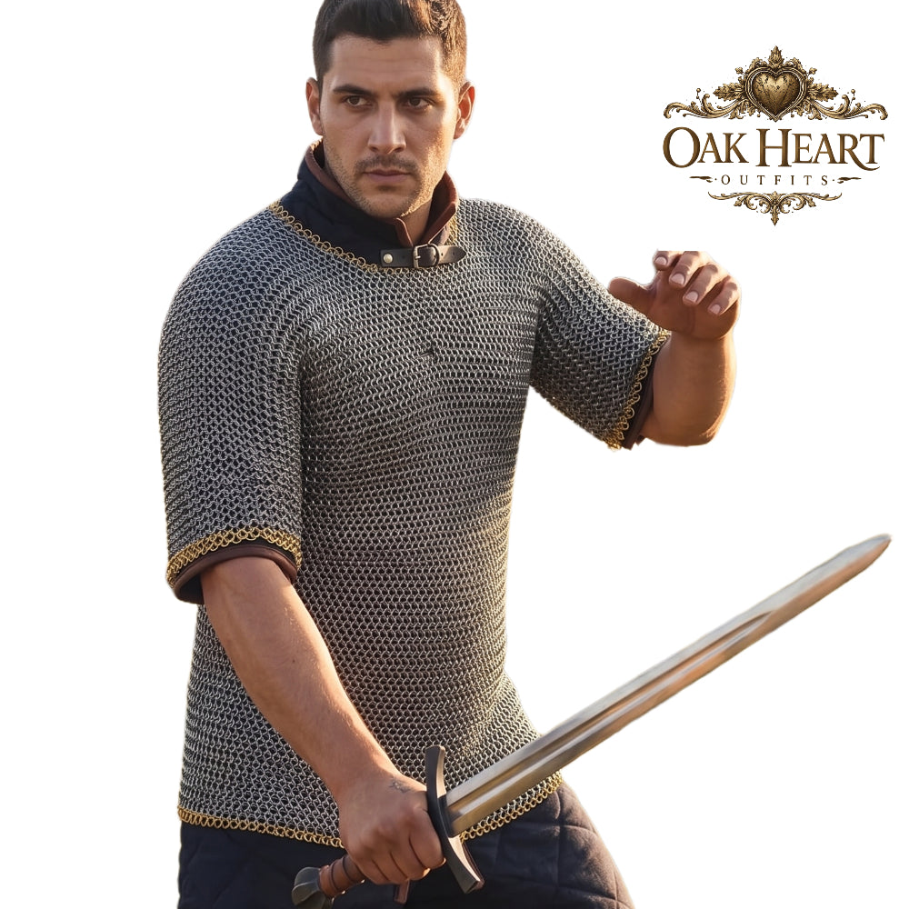 Medieval 9mm Round Riveted Chainmail Hauberk, Riveted Mild Steel Armor, Brass Trim, Half Sleeve Warrior Shirt