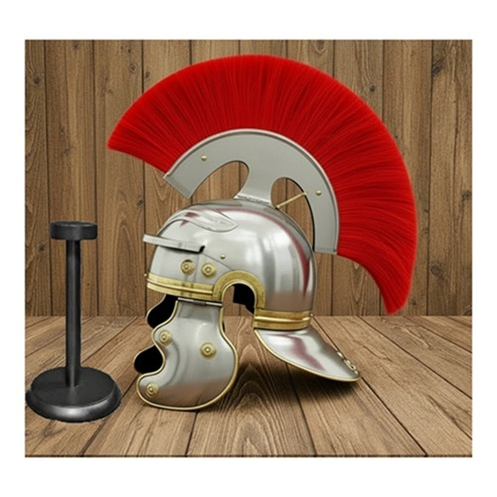 Roman Centurion Helmet with Red Plume & Wooden Stand – Medieval Roman Armor Helmet