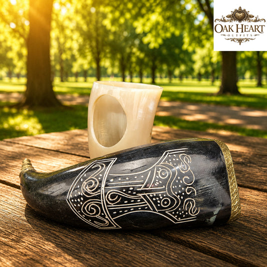 Medieval Viking Drinking Horn – Celtic Knotwork Ale Mug with Stand
