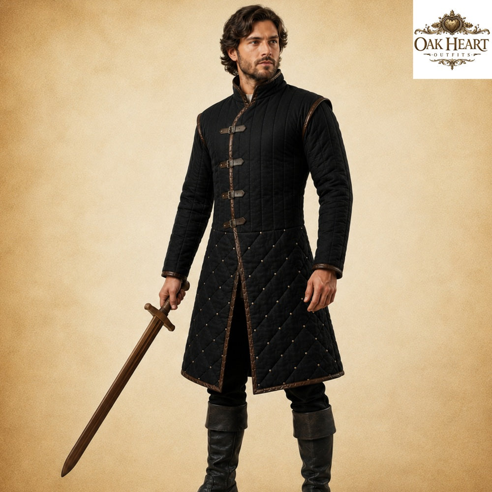 Renaissance Fair Padded Gambeson Armor with Brown Leather Trim | Medieval Quilted Jacket | LARP SCA Ren Faire Easter Gift