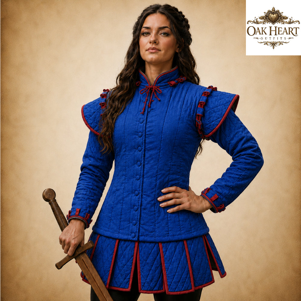 Women's Medieval Gambeson – White Quilted Padded Armor Jacket with Red Trim