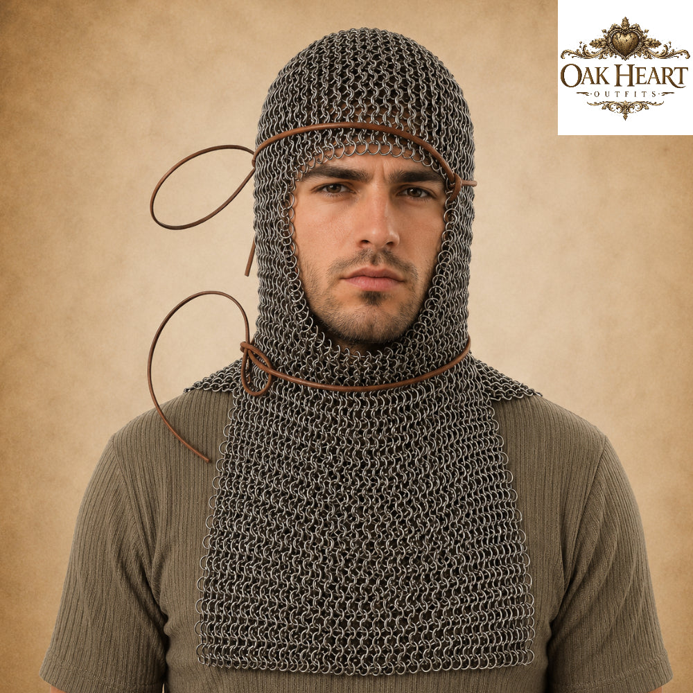 6MM Medieval Chainmail Coif – Riveted Flat Rings with Washers Armor Hood