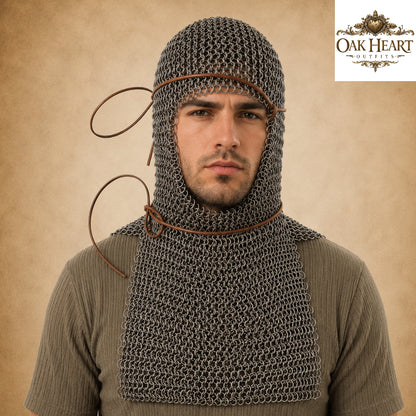 6MM Medieval Chainmail Coif – Riveted Flat Rings with Washers Armor Hood