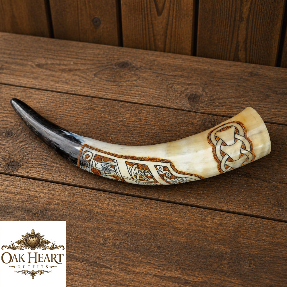 Celtic Engraved Viking Drinking Horn – Handcrafted Natural Horn Mug for LARP & Cosplay