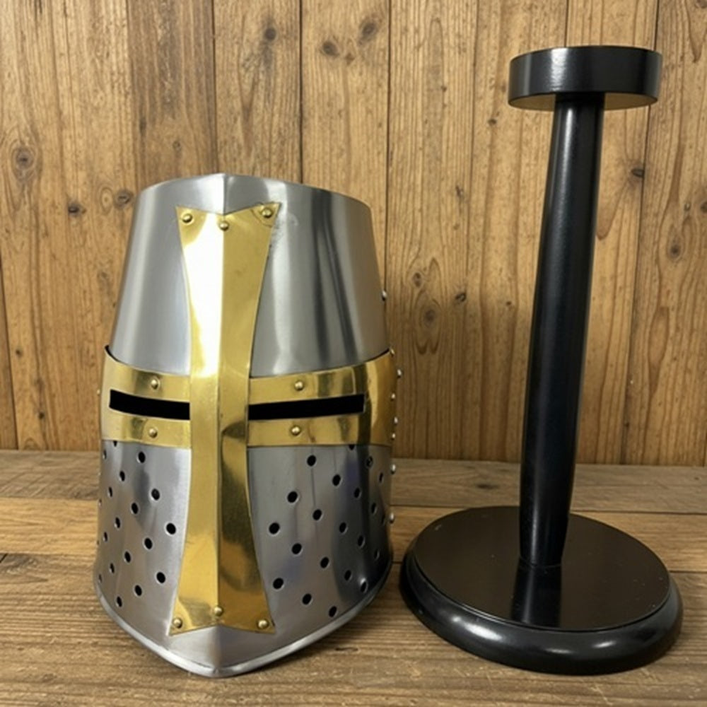 Templar Crusader Knight Helmet – Medieval Steel Armor with Display Stand