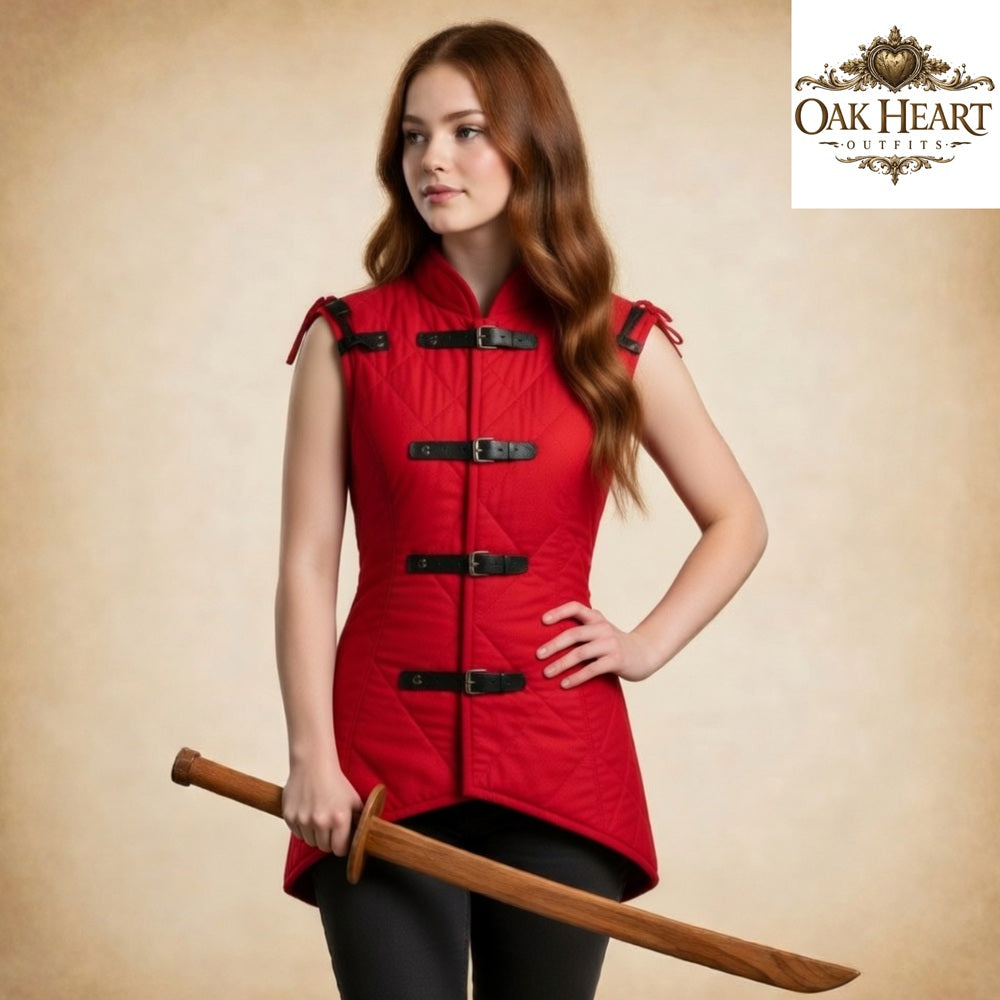 Women's Medieval Quilted Gambeson Vest | Burgundy Padded Armor Vest | LARP Ren Faire Costume
